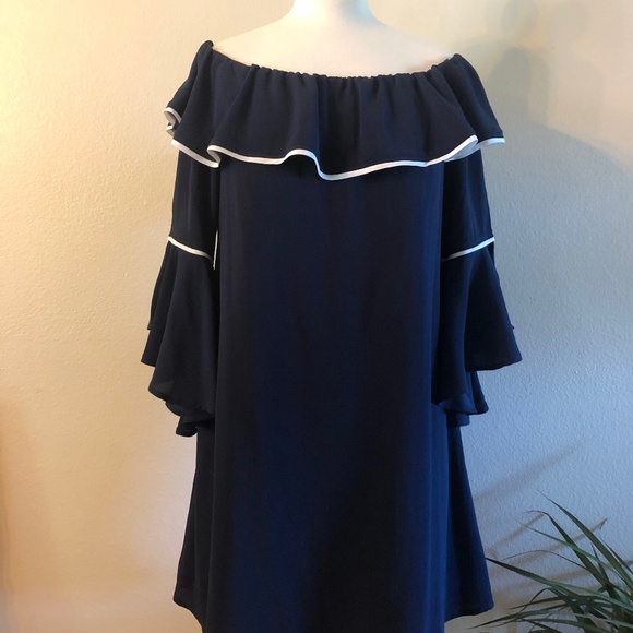 Navy Blue Dress with White piping, Off Shoulder Ruffle, Ruffled Sleeves, - Picture 1 of 7